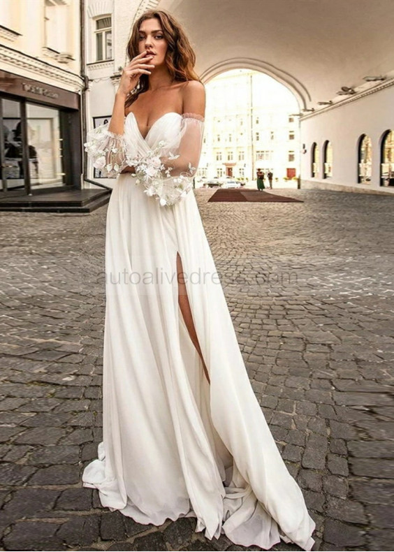 Puff Sleeve Ivory Chiffon Side Slit Wedding Dress